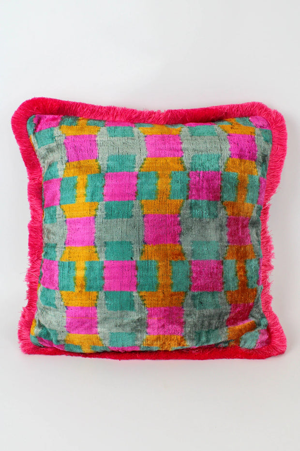 My Doris Uzbeki Handwoven Silk Velvet Square Cushion Hot Pink