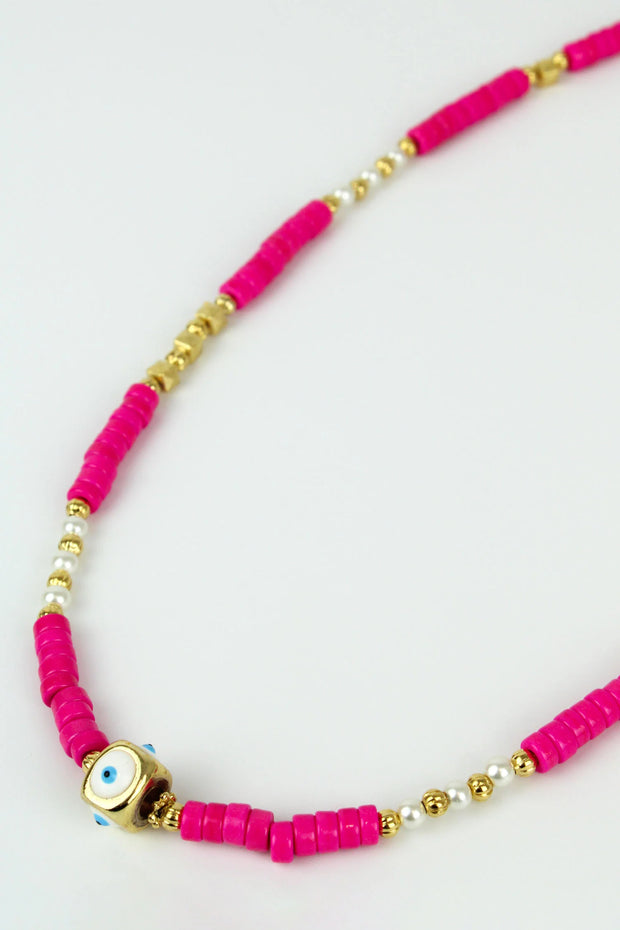My Doris Blue or Pink Beaded & Gold Eye Charm Necklace