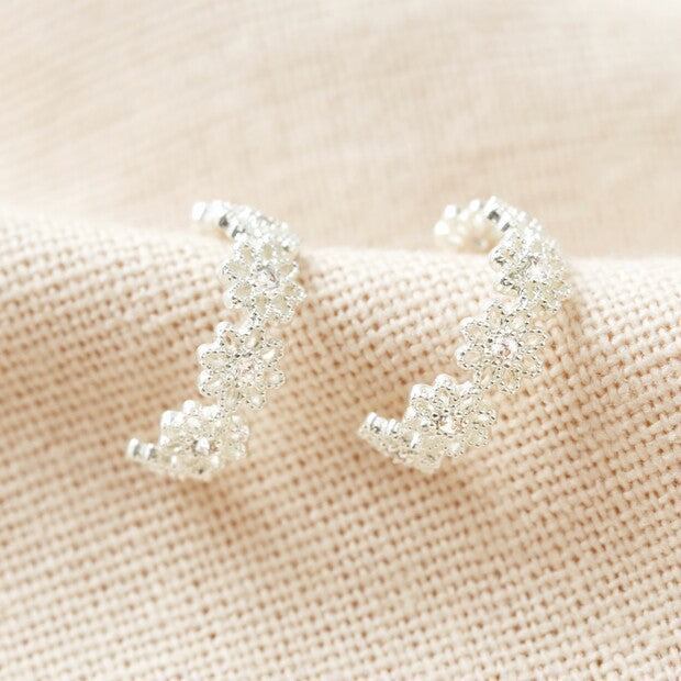 Crystal Daisy Hoop Earrings in Silver or Gold