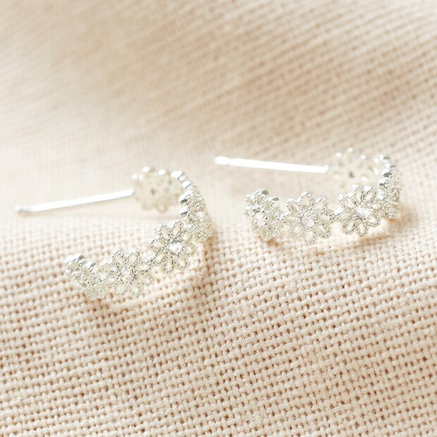 Crystal Daisy Hoop Earrings in Silver or Gold